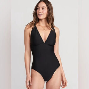 Old Navy Matching V Neck One Piece Swimsuit Size 3X Tie Back Black NWT